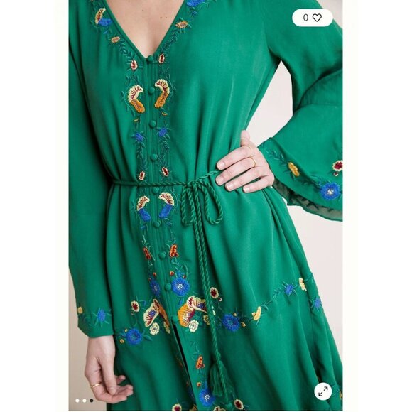Farm Rio Green Jessalyn Embroidered Dress, Size Small, Bohemian Boho Flowy - Picture 3 of 8